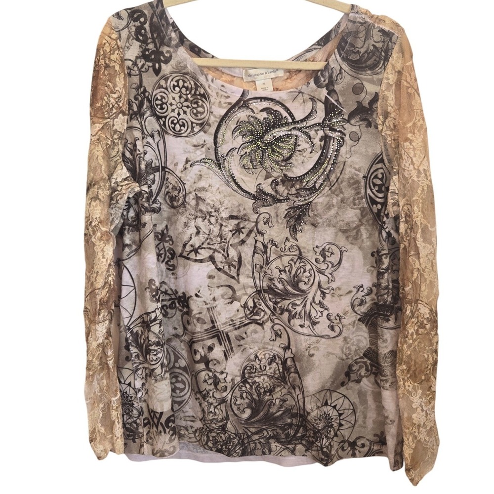 Y2K‎ Christopher & Banks Women Long Sleeve Top Mixed Media Lace Artsy Euro XL